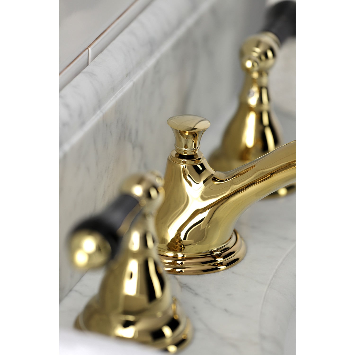 Kingston Heirloom KS5562PKL - Duchess Two-Handle 3-Hole Deck Mount Widespread Bathroom Faucet with Brass Pop-Up, Polished Brass — thumbnail 3